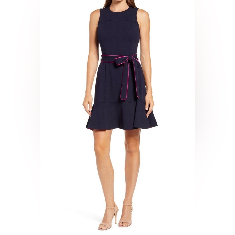 Women’s Eliza J Sleeveless Belted A-Line dress Size 6 navy with pink accents NWT